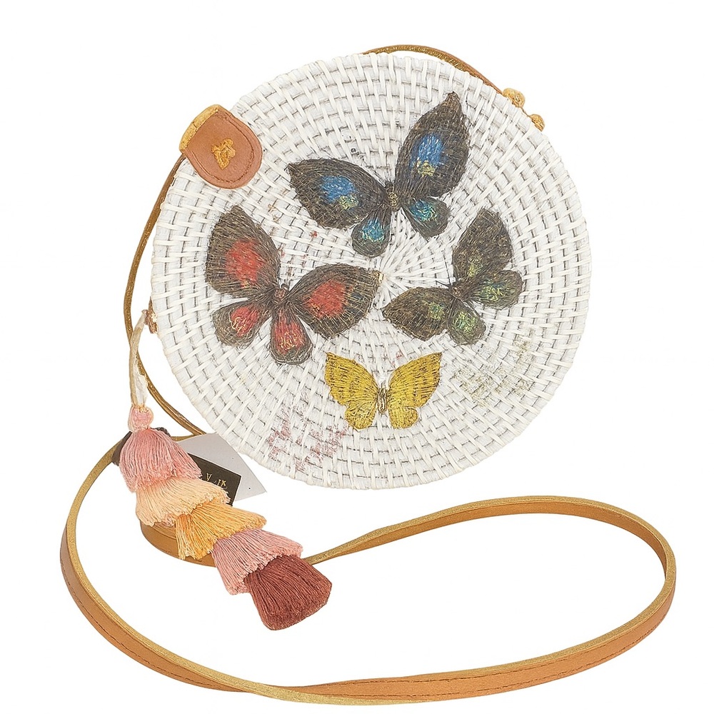 👜 NWT Handmade Native Rattan Circle Wicker Straw Crossbody Bag with Butterflies